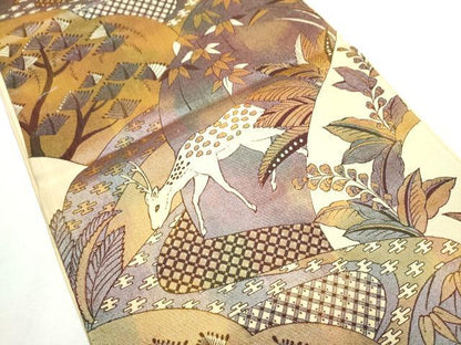 平和屋着物●六通柄袋帯　鹿　枝葉文　正絹　逸品　CABD5635hy