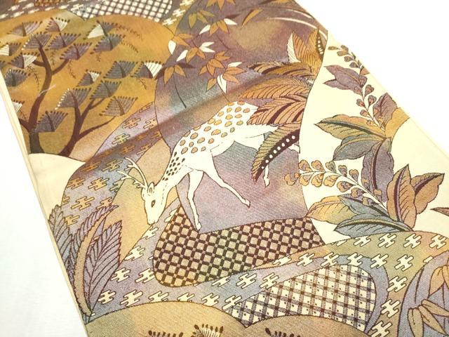 平和屋着物●六通柄袋帯　鹿　枝葉文　正絹　逸品　CABD5635hy
