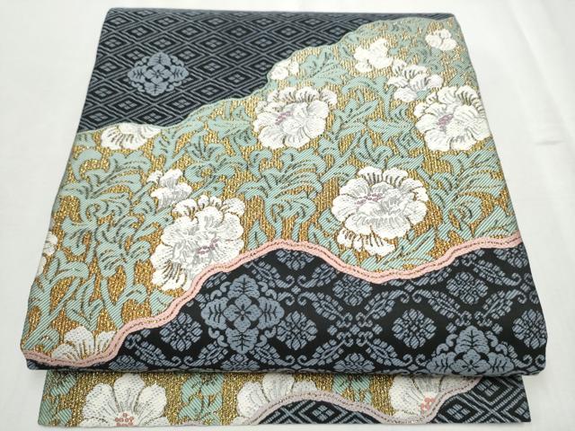平和屋着物●六通柄袋帯　唐織　御香染　宮むらさき　牡丹　黒地　金糸　正絹　逸品　CABD5640hy