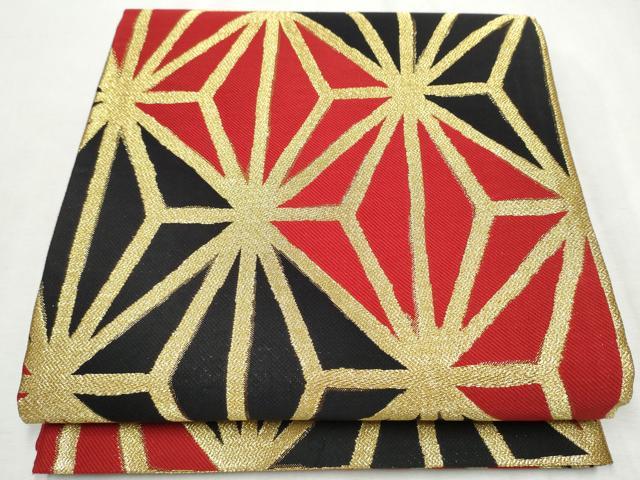 平和屋着物●六通柄袋帯　麻の葉文様　黒地　金通し地　正絹　逸品　CABD5652hy