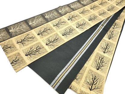 平和屋着物●両面　全通柄袋帯　紬地　柿渋染　市松枝花文　正絹　逸品　CABD5659hy