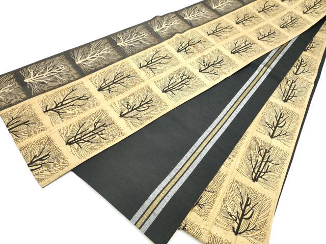 平和屋着物●両面　全通柄袋帯　紬地　柿渋染　市松枝花文　正絹　逸品　CABD5659hy
