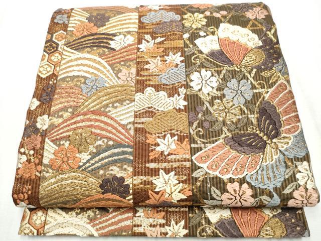 平和屋着物●六通柄袋帯　唐織　花蝶文　金糸　正絹　逸品　CABD5661hy