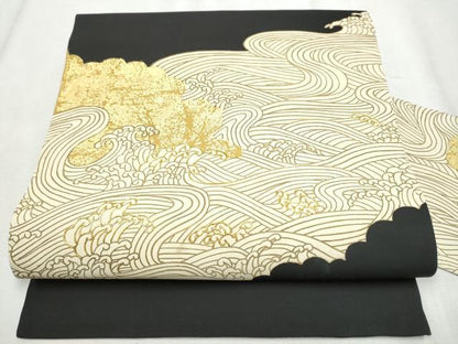 平和屋着物●塩瀬　九寸名古屋帯　流水文　黒地　金彩　正絹　逸品　CABD5666hy