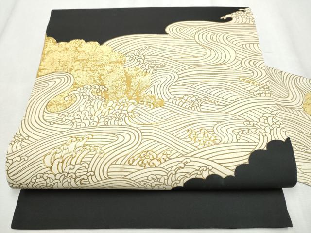 平和屋着物●塩瀬　九寸名古屋帯　流水文　黒地　金彩　正絹　逸品　CABD5666hy