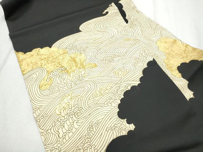 平和屋着物●塩瀬　九寸名古屋帯　流水文　黒地　金彩　正絹　逸品　CABD5666hy