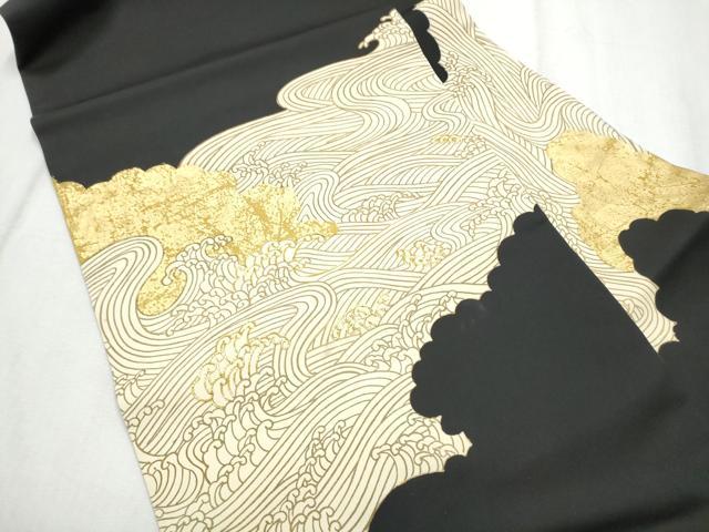平和屋着物●塩瀬　九寸名古屋帯　流水文　黒地　金彩　正絹　逸品　CABD5666hy
