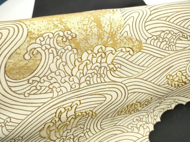 平和屋着物●塩瀬　九寸名古屋帯　流水文　黒地　金彩　正絹　逸品　CABD5666hy
