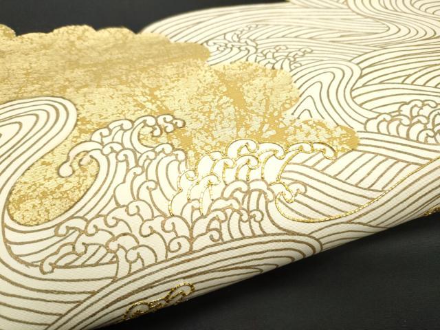 平和屋着物●塩瀬　九寸名古屋帯　流水文　黒地　金彩　正絹　逸品　CABD5666hy