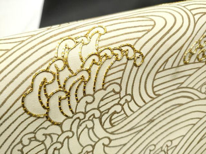 平和屋着物●塩瀬　九寸名古屋帯　流水文　黒地　金彩　正絹　逸品　CABD5666hy