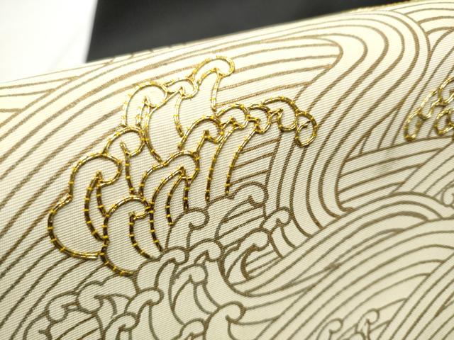 平和屋着物●塩瀬　九寸名古屋帯　流水文　黒地　金彩　正絹　逸品　CABD5666hy