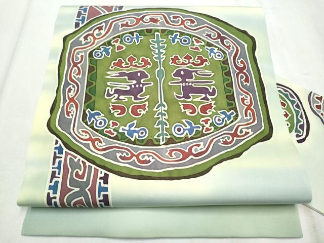 平和屋着物●塩瀬　九寸名古屋帯　作家物　ろうけつ染　向かい鳥動物花文　正絹　逸品　CABD5667hy