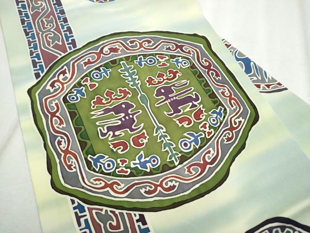 平和屋着物●塩瀬　九寸名古屋帯　作家物　ろうけつ染　向かい鳥動物花文　正絹　逸品　CABD5667hy