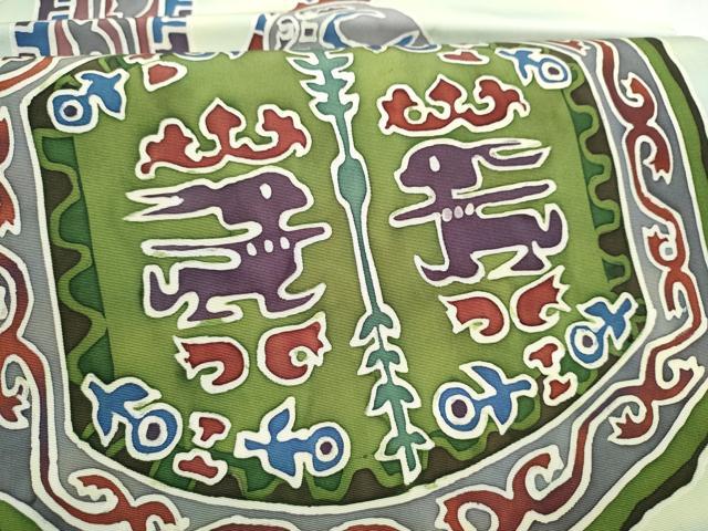 平和屋着物●塩瀬　九寸名古屋帯　作家物　ろうけつ染　向かい鳥動物花文　正絹　逸品　CABD5667hy