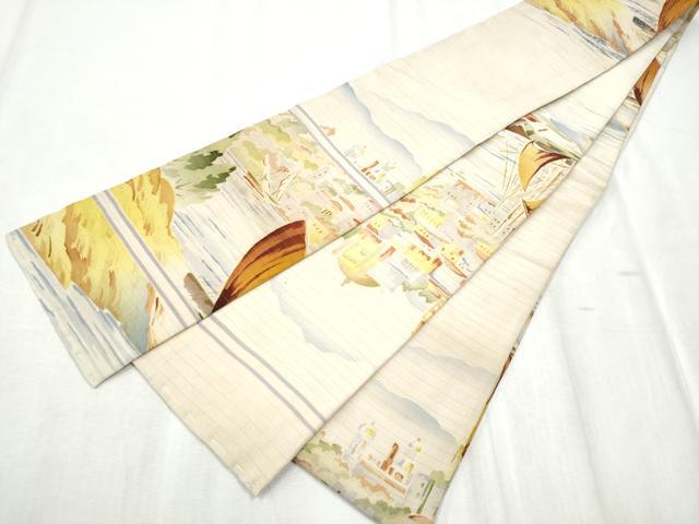 平和屋着物＊夏物 アンティーク 大正ロマン 半幅帯 刺繍 絽縮緬 西洋風景文 正絹 逸品 CABD5705hy