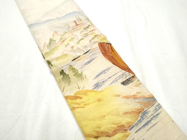 平和屋着物＊夏物 アンティーク 大正ロマン 半幅帯 刺繍 絽縮緬 西洋風景文 正絹 逸品 CABD5705hy