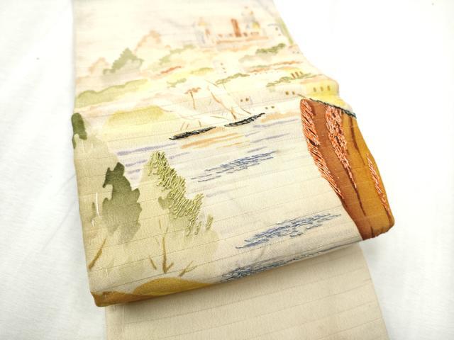 平和屋着物＊夏物 アンティーク 大正ロマン 半幅帯 刺繍 絽縮緬 西洋風景文 正絹 逸品 CABD5705hy