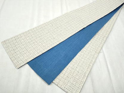 平和屋着物●両面　半幅帯　しじら織　格子柄　綿　逸品　CABD5709hy