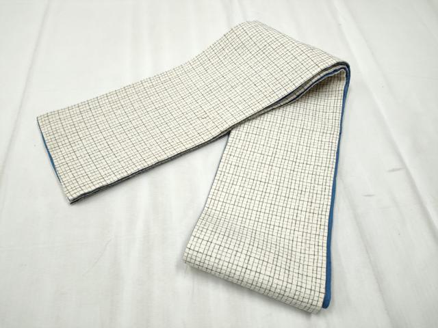 平和屋着物●両面　半幅帯　しじら織　格子柄　綿　逸品　CABD5709hy