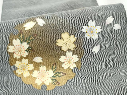 平和屋着物●両面　半幅帯　螺鈿　雪輪舞桜文　金彩　正絹　逸品　CABD5710hy