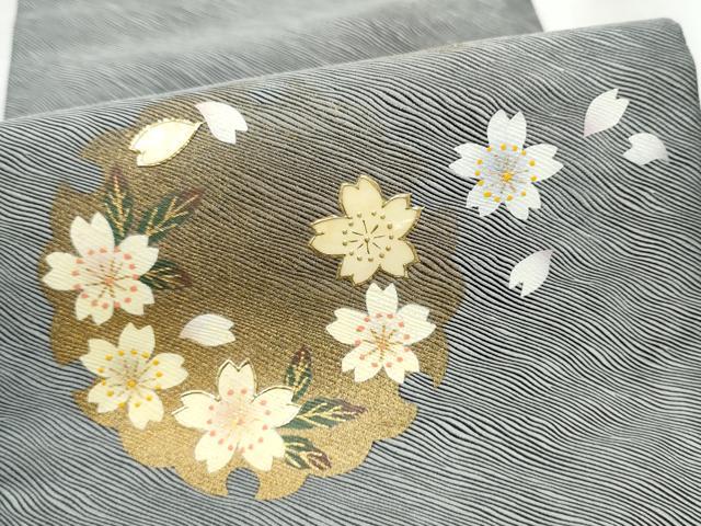 平和屋着物●両面　半幅帯　螺鈿　雪輪舞桜文　金彩　正絹　逸品　CABD5710hy