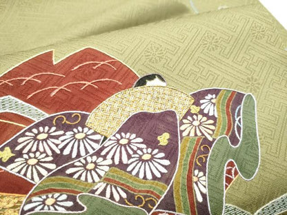 平和屋着物●京縫　月聖子　九寸名古屋帯　刺繍　人物草花文　金糸　正絹　逸品　CABD5717hy