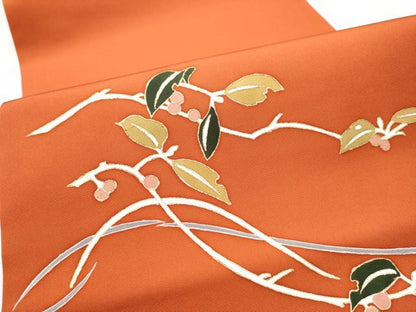 平和屋着物●塩瀬　九寸開き名古屋帯　葡萄蔦の葉文　金彩　正絹　逸品　CABD5722hy