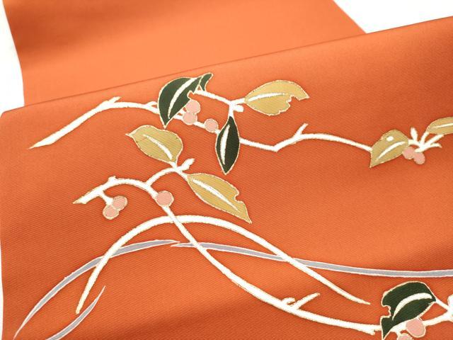 平和屋着物●塩瀬　九寸開き名古屋帯　葡萄蔦の葉文　金彩　正絹　逸品　CABD5722hy