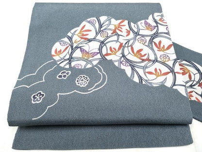 平和屋着物●九寸名古屋帯　型染め　花蝶文　鬼しぼ縮緬　正絹　逸品　CABD5725hy