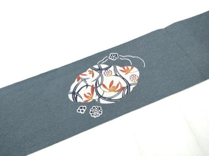 平和屋着物●九寸名古屋帯　型染め　花蝶文　鬼しぼ縮緬　正絹　逸品　CABD5725hy