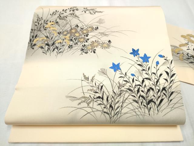 平和屋着物●塩瀬　九寸名古屋帯　手描き　草花文　金彩　正絹　逸品　CABD5731hy