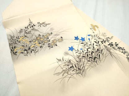 平和屋着物●塩瀬　九寸名古屋帯　手描き　草花文　金彩　正絹　逸品　CABD5731hy