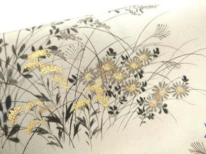 平和屋着物●塩瀬　九寸名古屋帯　手描き　草花文　金彩　正絹　逸品　CABD5731hy