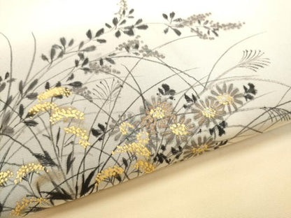 平和屋着物●塩瀬　九寸名古屋帯　手描き　草花文　金彩　正絹　逸品　CABD5731hy