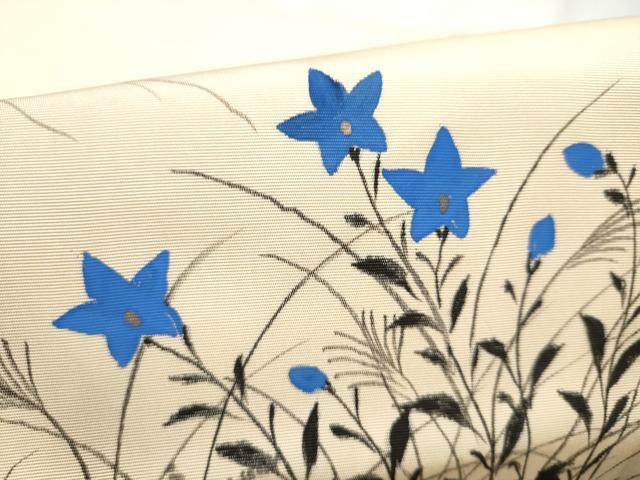 平和屋着物●塩瀬　九寸名古屋帯　手描き　草花文　金彩　正絹　逸品　CABD5731hy