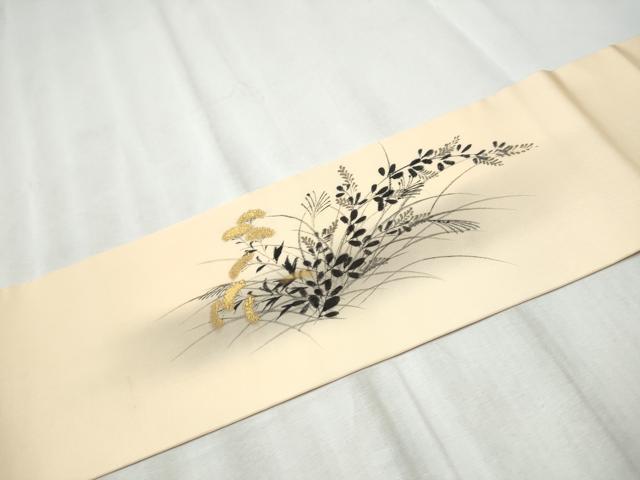平和屋着物●塩瀬　九寸名古屋帯　手描き　草花文　金彩　正絹　逸品　CABD5731hy