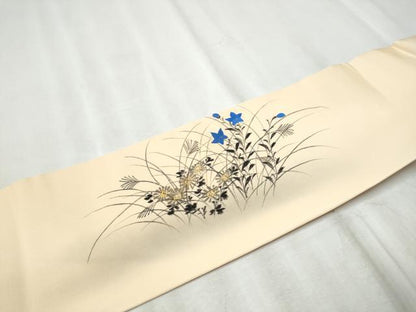 平和屋着物●塩瀬　九寸名古屋帯　手描き　草花文　金彩　正絹　逸品　CABD5731hy