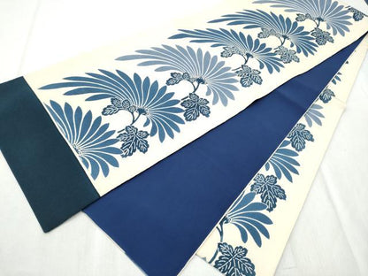 平和屋着物●九寸開き名古屋帯　藍　型染め　裏菊　鬼しぼ縮緬　正絹　逸品　CABD5735hy