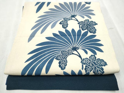 平和屋着物●九寸開き名古屋帯　藍　型染め　裏菊　鬼しぼ縮緬　正絹　逸品　CABD5735hy