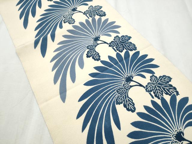 平和屋着物●九寸開き名古屋帯　藍　型染め　裏菊　鬼しぼ縮緬　正絹　逸品　CABD5735hy