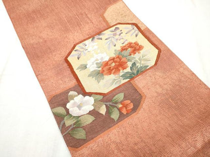 平和屋着物▽太鼓柄袋帯 スリーシーズン 春夏秋 すくい織 草花文 金糸 正絹 逸品 CABD5750hy