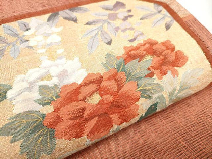 平和屋着物▽太鼓柄袋帯 スリーシーズン 春夏秋 すくい織 草花文 金糸 正絹 逸品 CABD5750hy