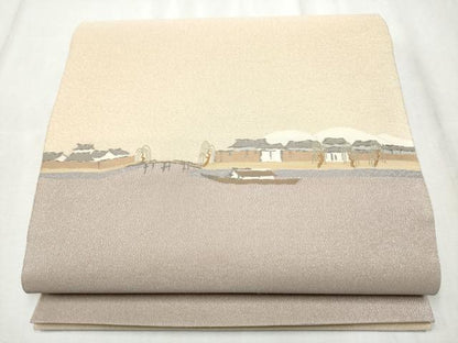 平和屋着物●太鼓柄袋帯　綴れ　高瀬川　金通し地　正絹　逸品　CABD5751hy