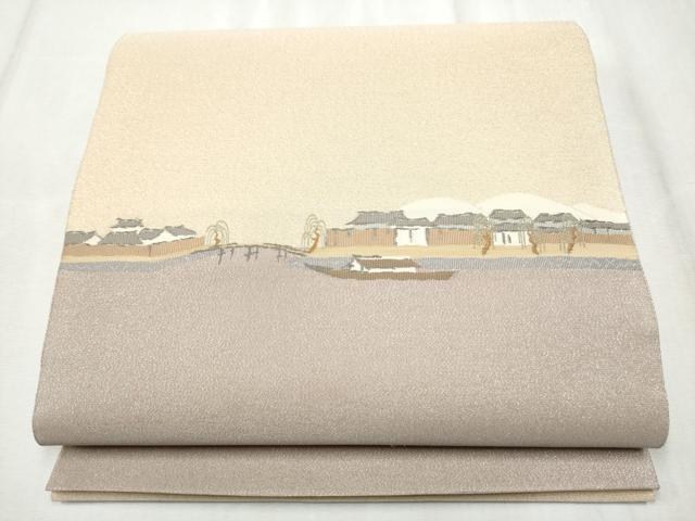 平和屋着物●太鼓柄袋帯　綴れ　高瀬川　金通し地　正絹　逸品　CABD5751hy