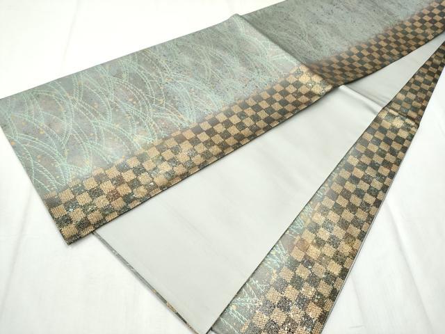 平和屋着物●全通柄袋帯　紬地　市松草花文　金彩　正絹　逸品　CABD5757hy