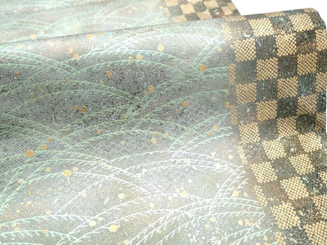 平和屋着物●全通柄袋帯　紬地　市松草花文　金彩　正絹　逸品　CABD5757hy