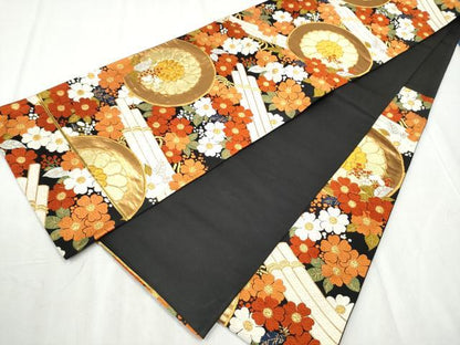 平和屋着物●西陣　河合美術織物謹製　六通柄袋帯　唐織　花筏文　黒地　金糸　正絹　逸品　CABD5770hy