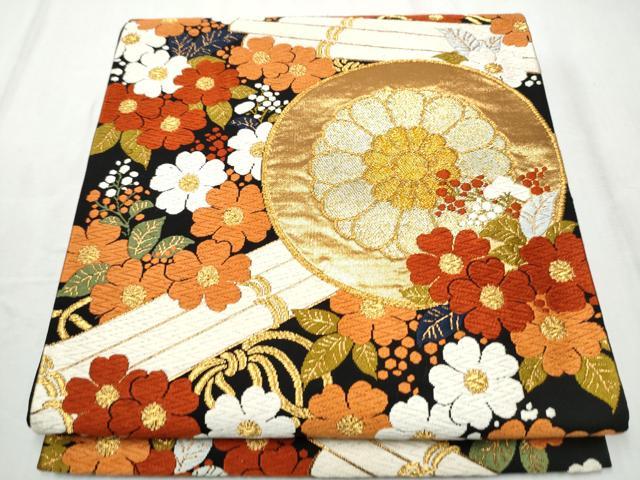 平和屋着物●西陣　河合美術織物謹製　六通柄袋帯　唐織　花筏文　黒地　金糸　正絹　逸品　CABD5770hy
