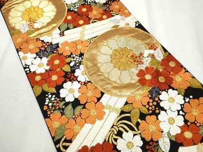 平和屋着物●西陣　河合美術織物謹製　六通柄袋帯　唐織　花筏文　黒地　金糸　正絹　逸品　CABD5770hy