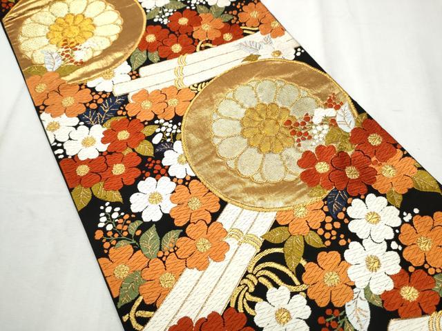 平和屋着物●西陣　河合美術織物謹製　六通柄袋帯　唐織　花筏文　黒地　金糸　正絹　逸品　CABD5770hy